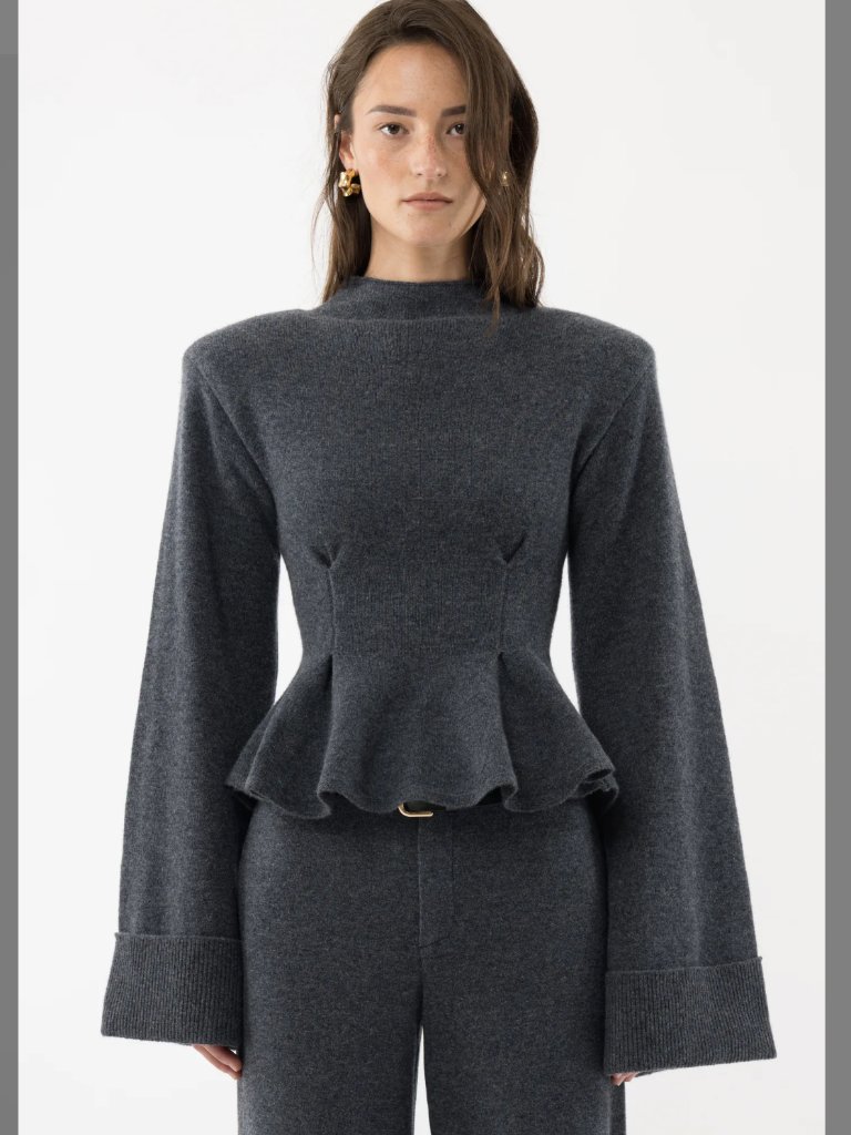 Arakii Grey Peplum Wool Sweater, New